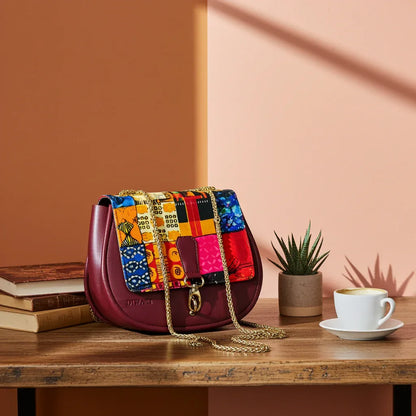 African wax pattern burgundy shoulder bag - DiwaKi